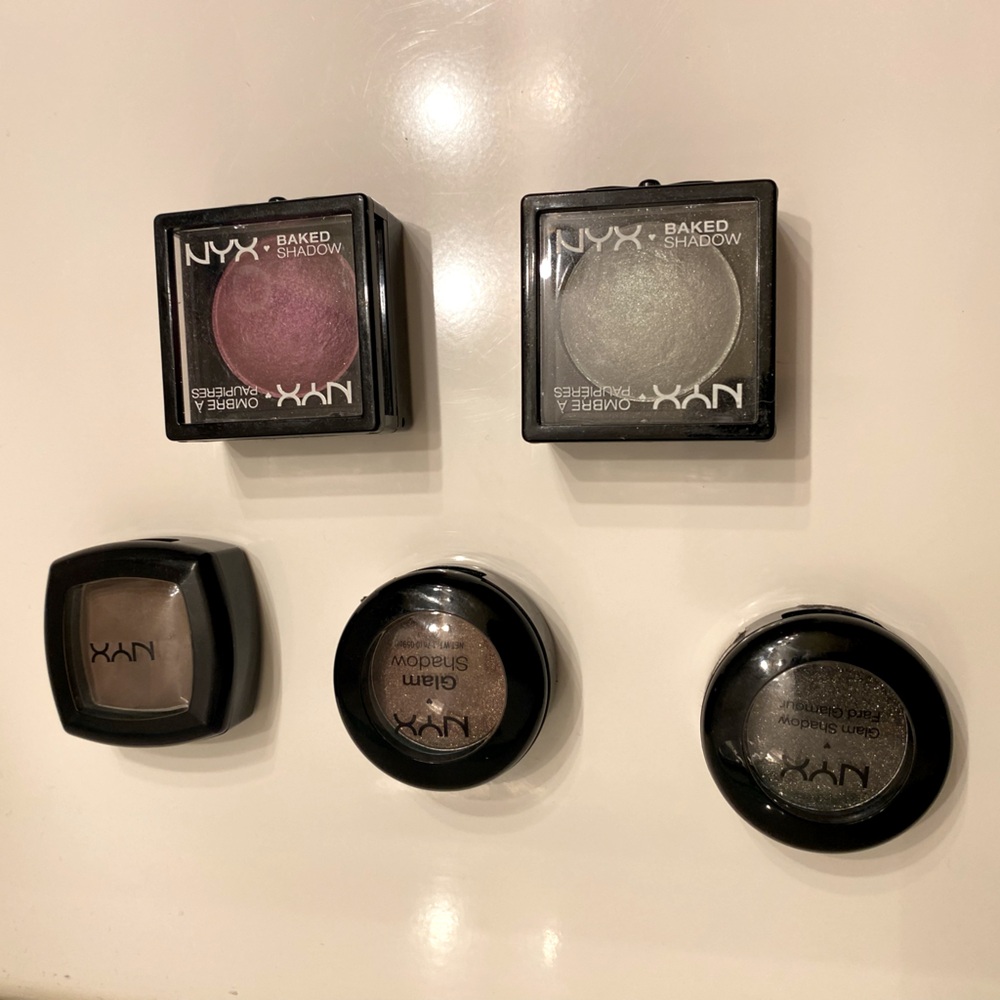 NYX eyeshadows 2x baked shadow, 2x glam shadow, 1x dark brown GS07, GS09, BSH07